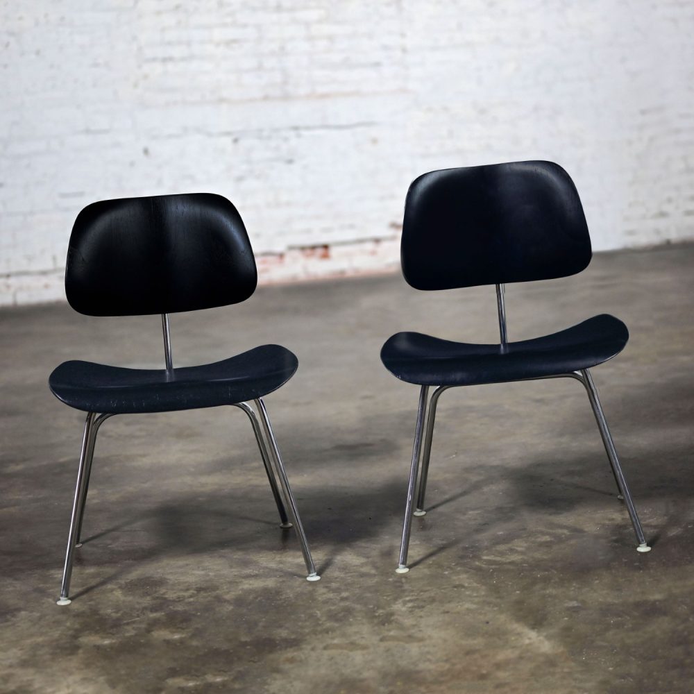 Late 20th Century Mid-Century Modern Pair DCM Chairs by Eames for Herman Miller Black & Chrome