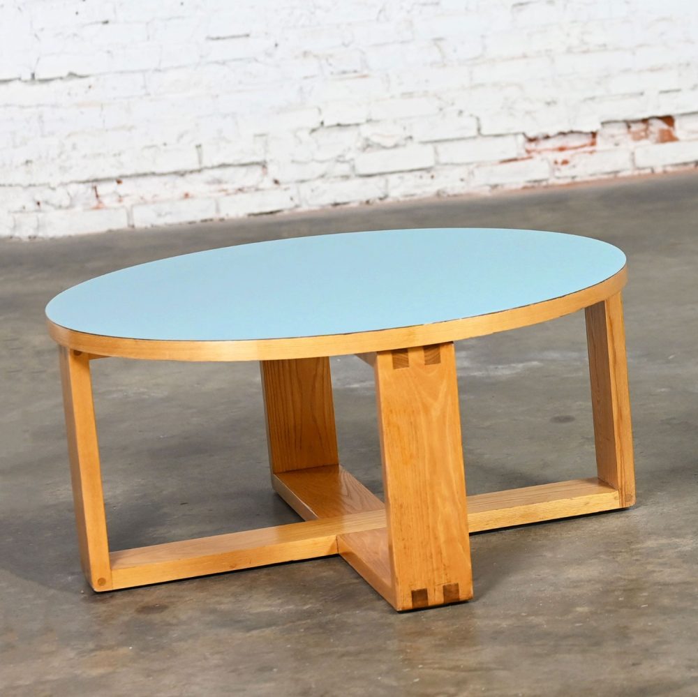 Late 20th Century Modern Coffee Table with Light Oak Frame & Blue Laminate Top