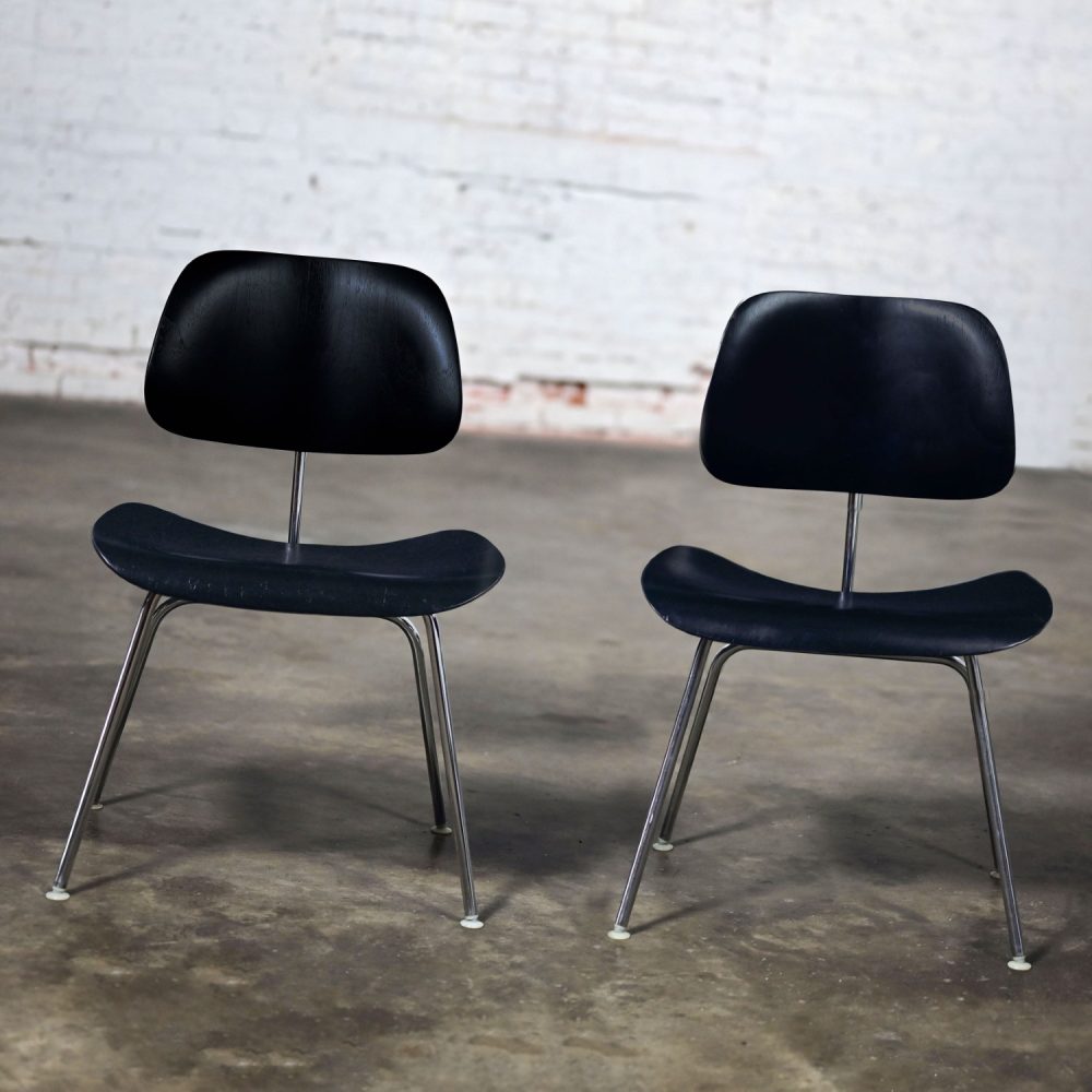 Late 20th Century Mid-Century Modern Pair DCM Chairs by Eames for Herman Miller Black & Chrome