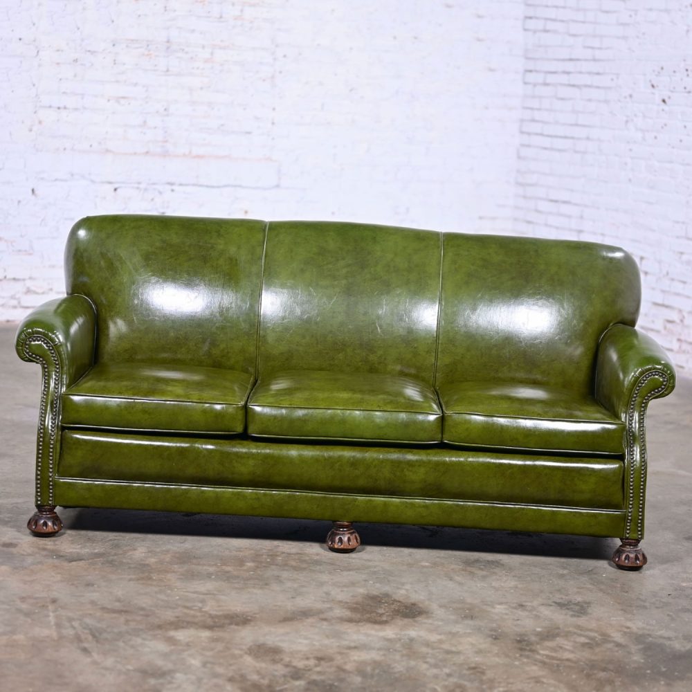 1940-1950’s Traditional Green Naugahyde Faux Leather Lawson Club Style Sofa w/Rolled Arms