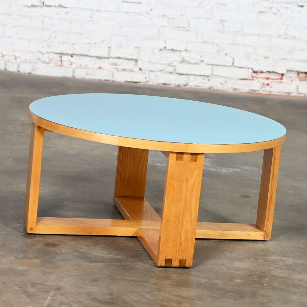 Late 20th Century Modern Coffee Table with Light Oak Frame & Blue Laminate Top