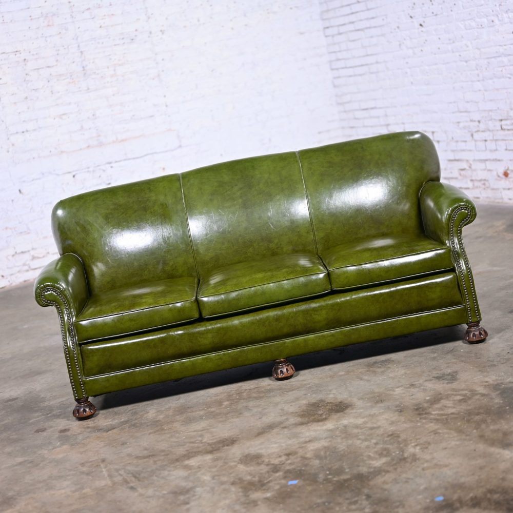 1940-1950’s Traditional Green Naugahyde Faux Leather Lawson Club Style Sofa w/Rolled Arms