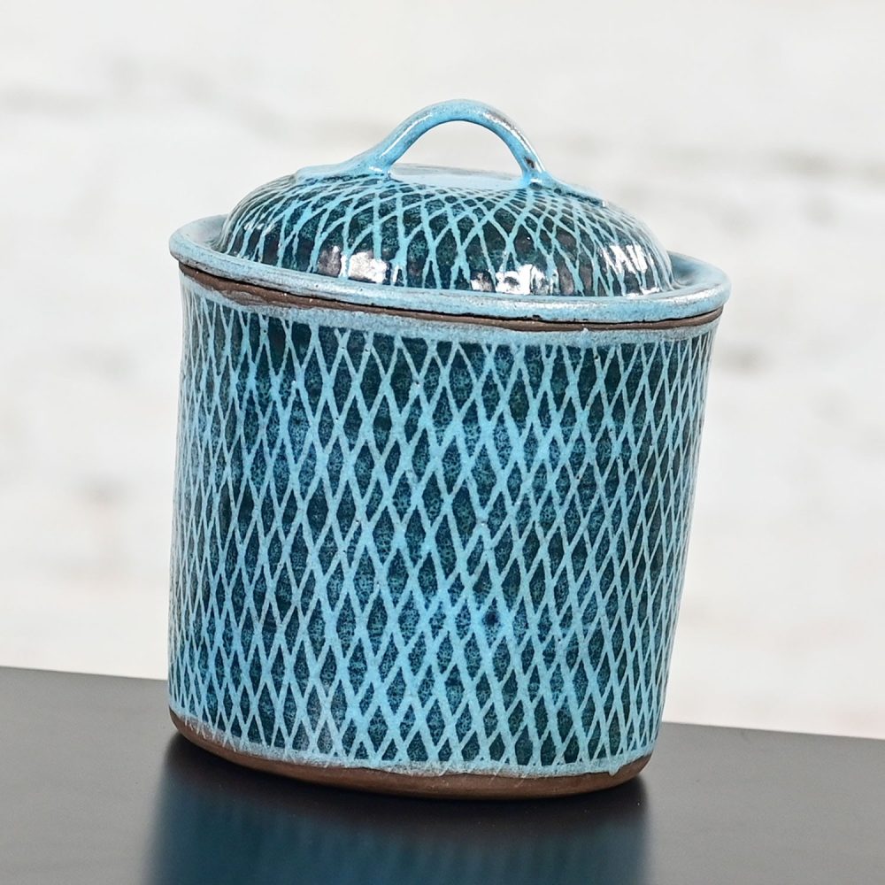 Mid-20th Century Mid Century Modern Northern California Pottery Blue Lidded Biscuit Jar by Niels Frederiksen