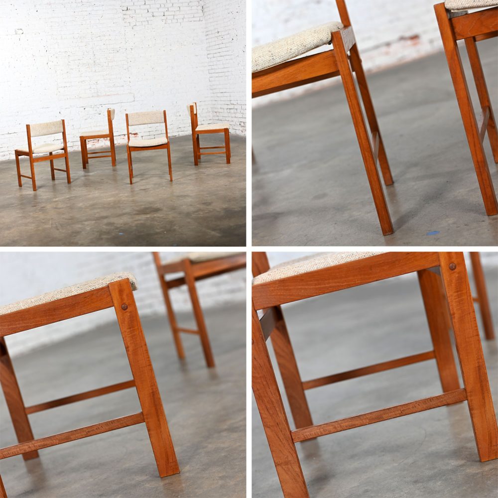 1970’s Scandinavian Modern D Scan Dining Chairs with Teak Frames & Oatmeal Fabric Set of 4