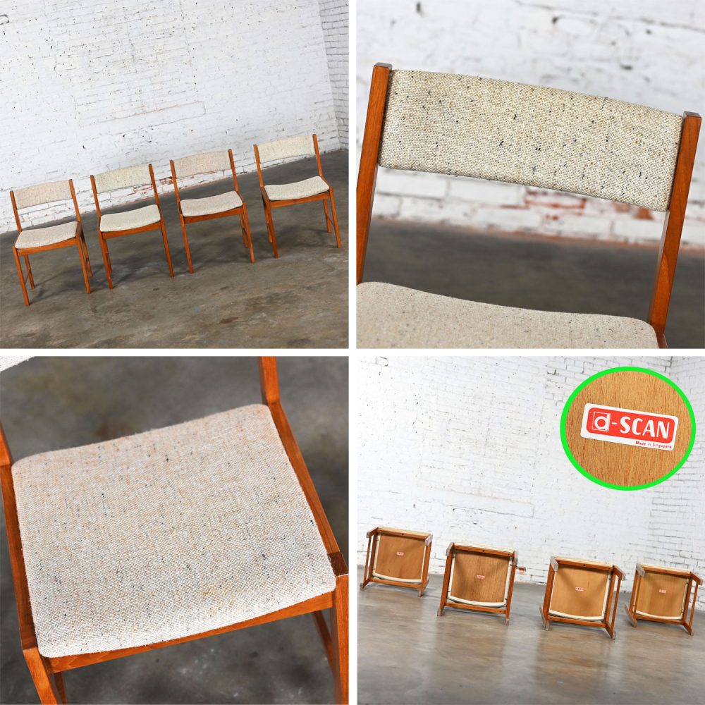 1970’s Scandinavian Modern D Scan Dining Chairs with Teak Frames & Oatmeal Fabric Set of 4