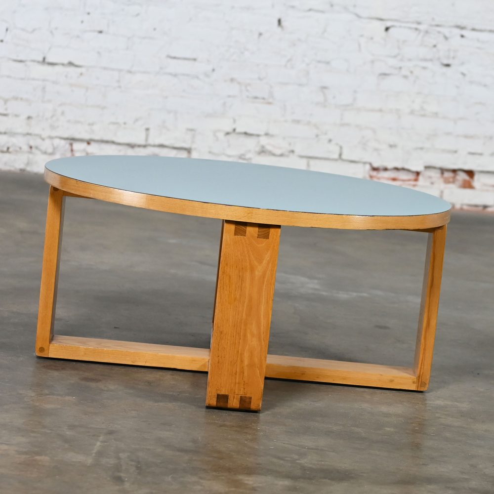 Late 20th Century Modern Coffee Table with Light Oak Frame & Blue Laminate Top