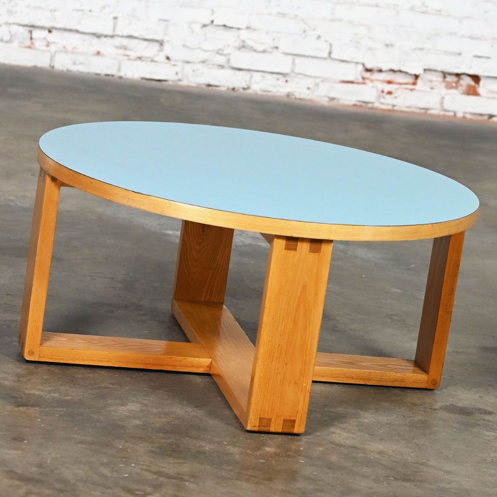 Late 20th Century Modern Coffee Table with Light Oak Frame & Blue Laminate Top