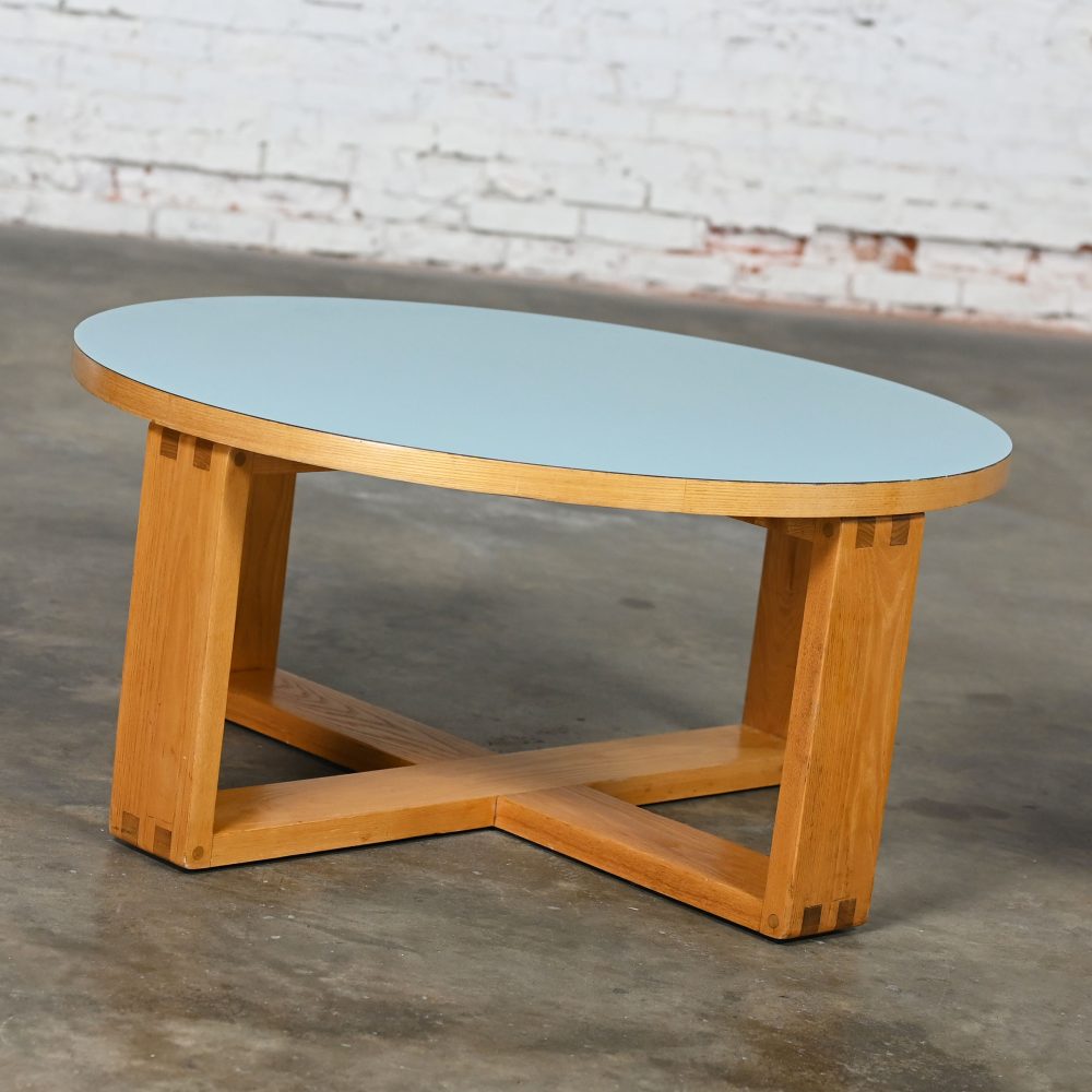 Late 20th Century Modern Coffee Table with Light Oak Frame & Blue Laminate Top