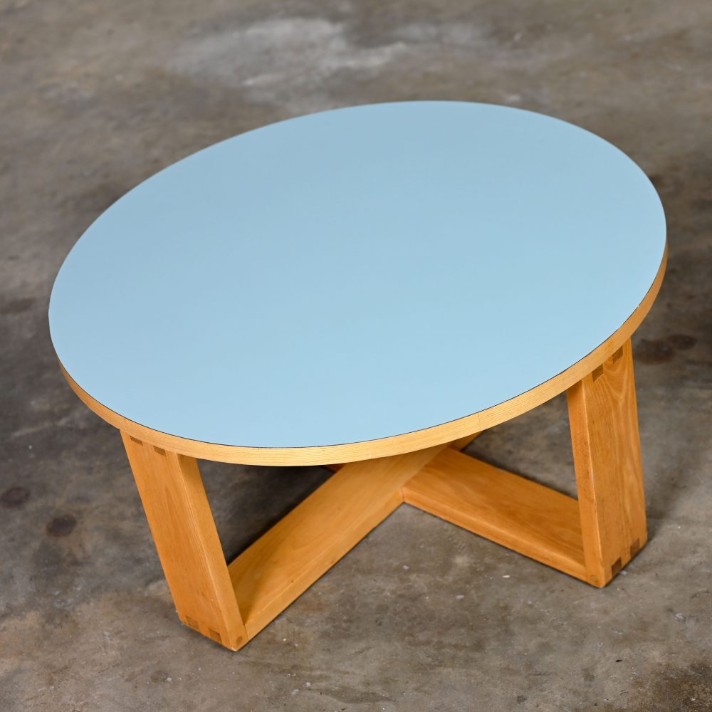 Late 20th Century Modern Coffee Table with Light Oak Frame & Blue Laminate Top