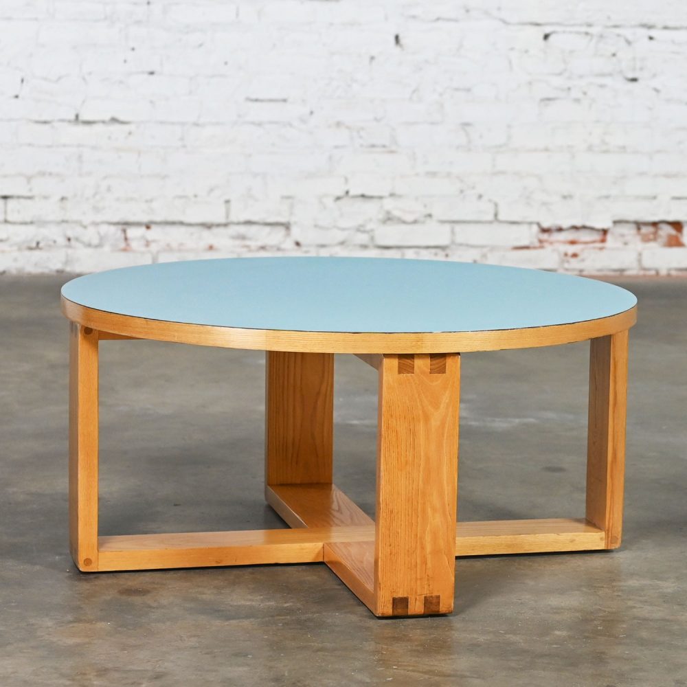 Late 20th Century Modern Coffee Table with Light Oak Frame & Blue Laminate Top