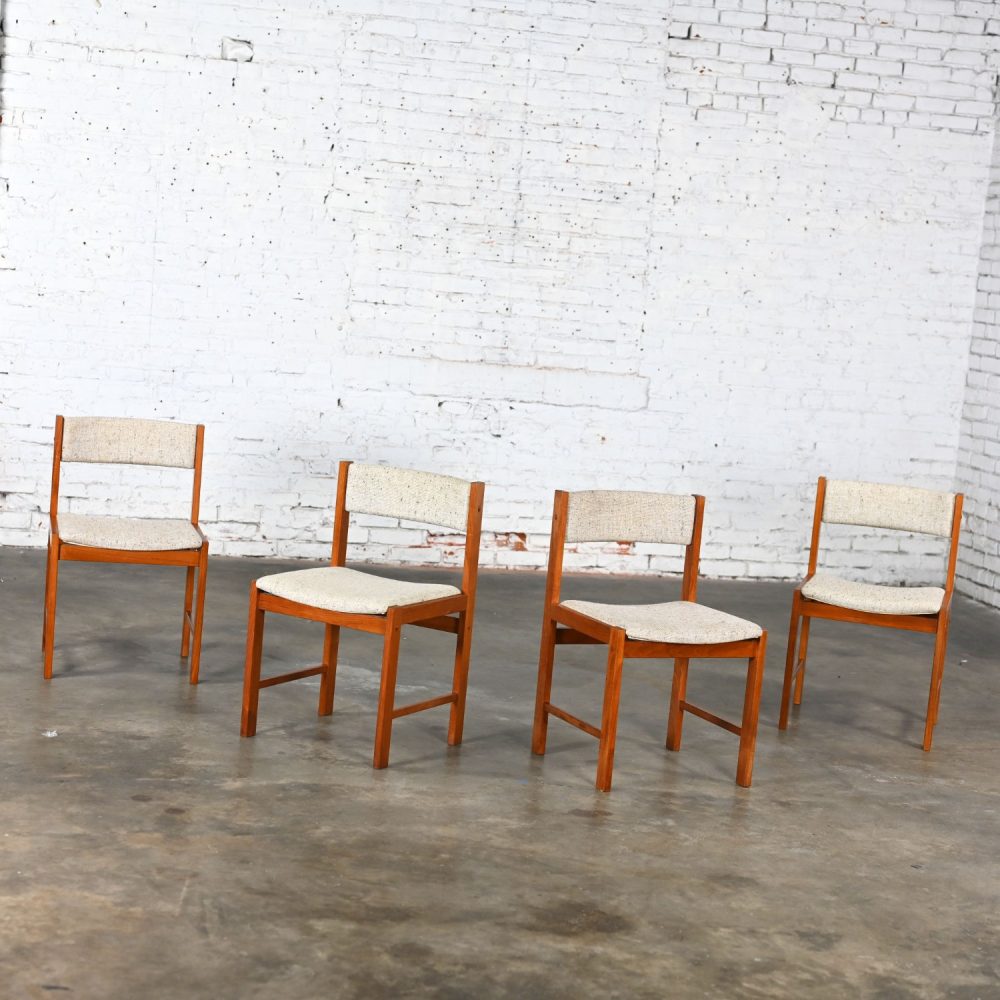 1970’s Scandinavian Modern D Scan Dining Chairs with Teak Frames & Oatmeal Fabric Set of 4