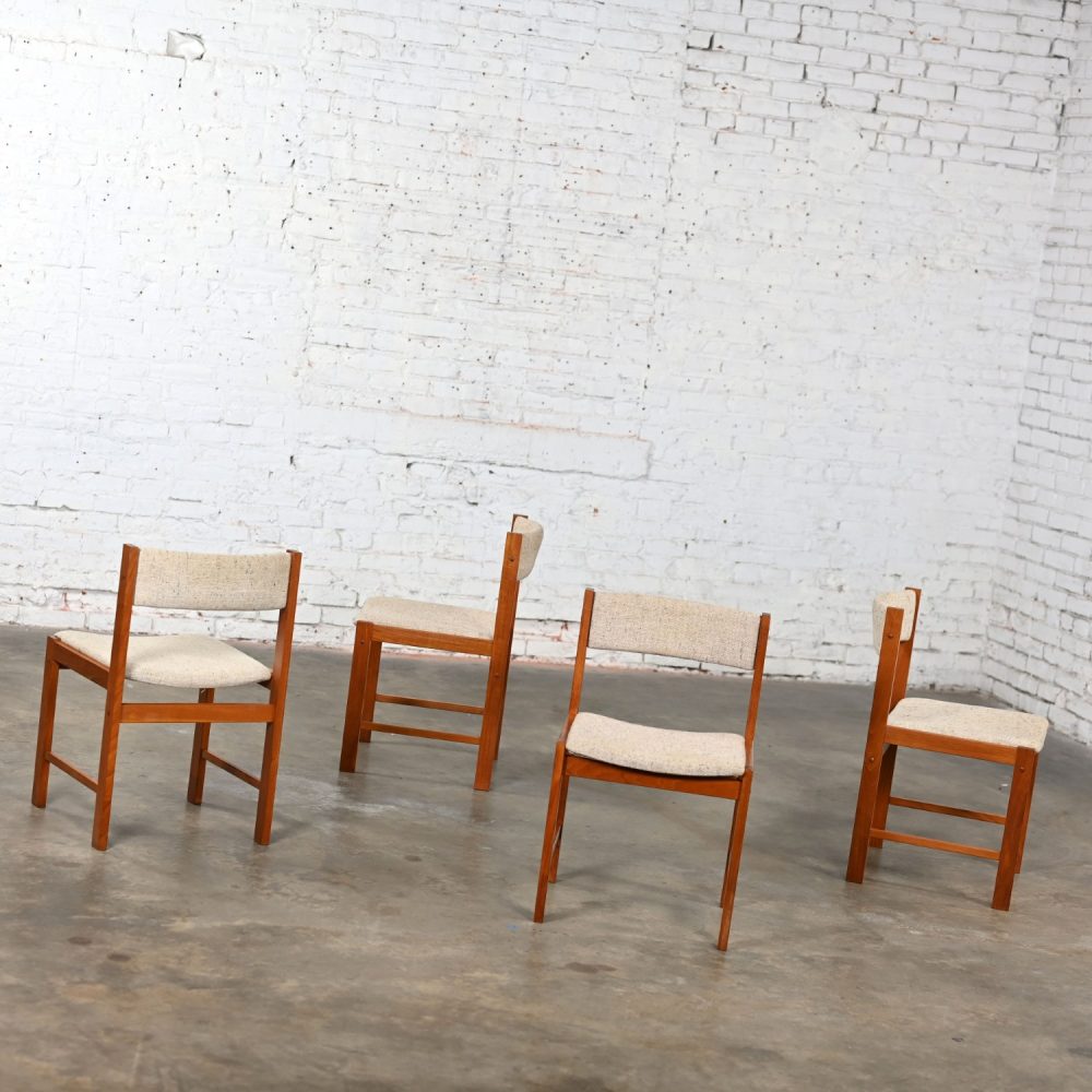 1970’s Scandinavian Modern D Scan Dining Chairs with Teak Frames & Oatmeal Fabric Set of 4