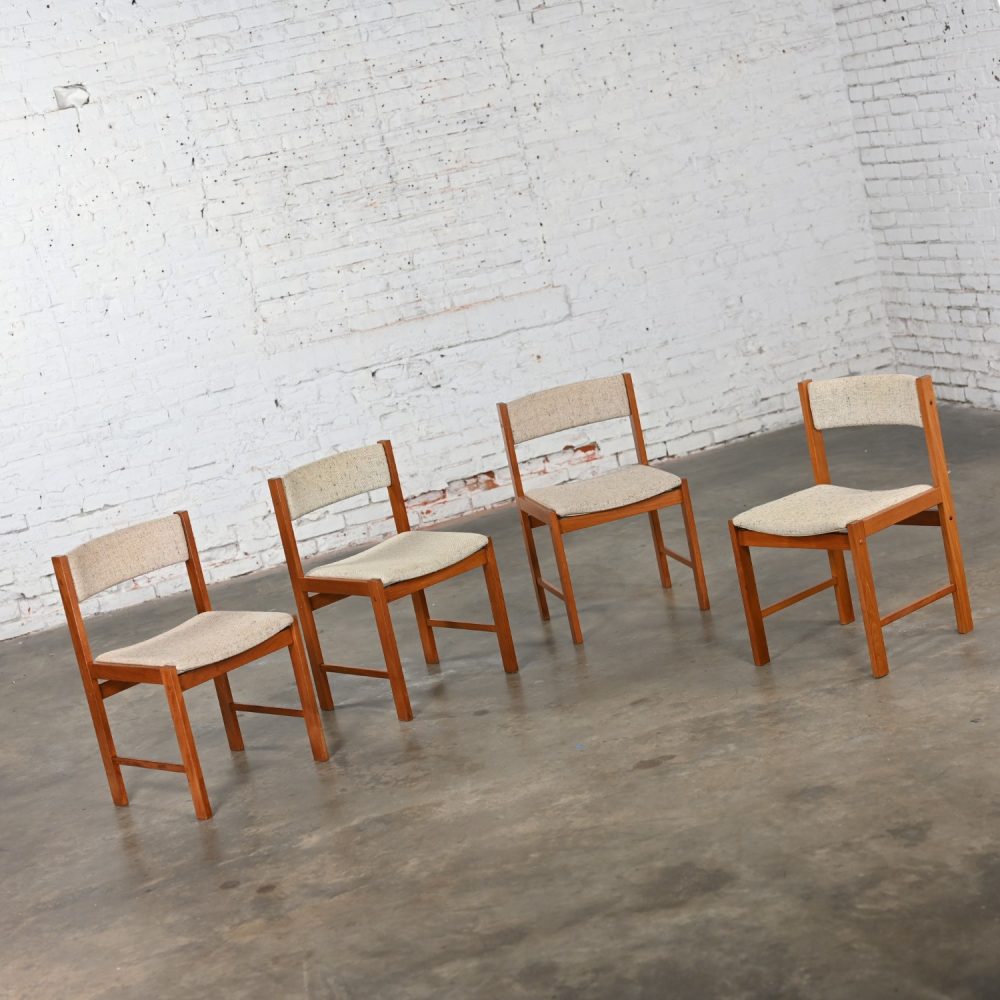 1970’s Scandinavian Modern D Scan Dining Chairs with Teak Frames & Oatmeal Fabric Set of 4