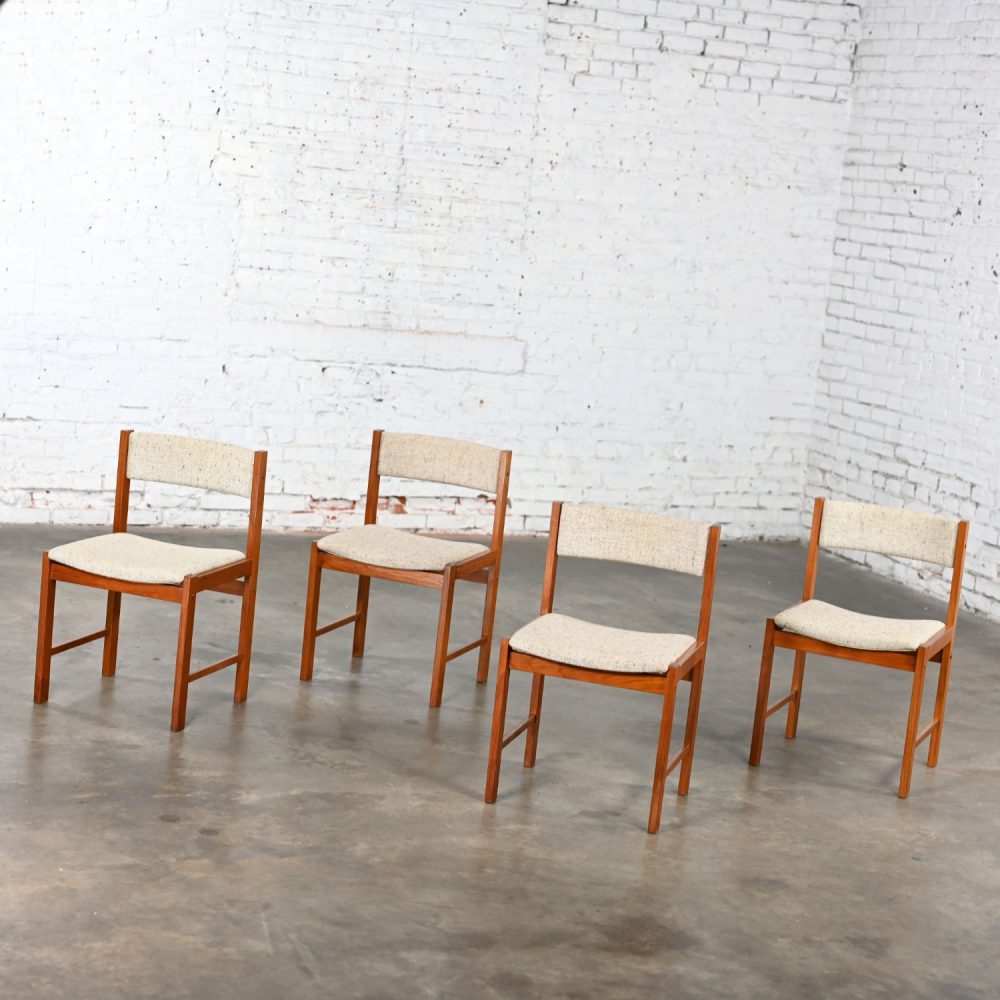 1970’s Scandinavian Modern D Scan Dining Chairs with Teak Frames & Oatmeal Fabric Set of 4