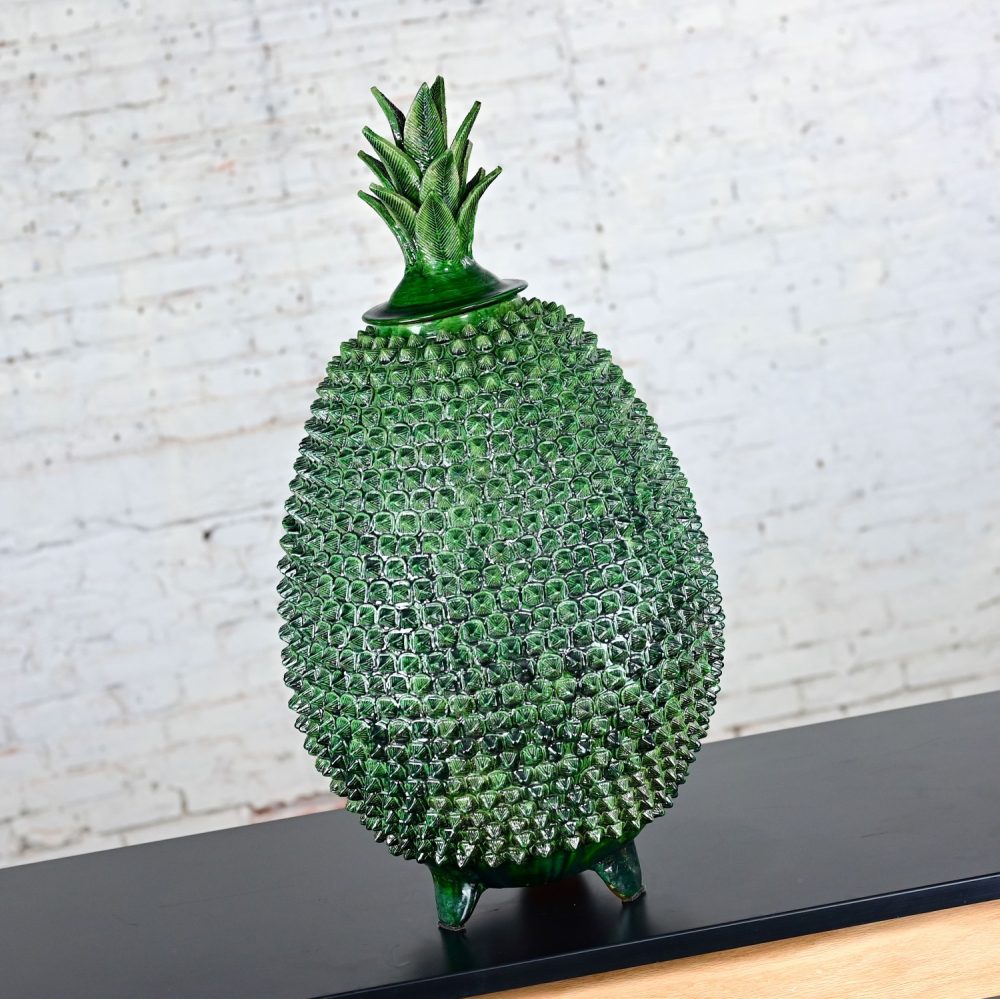 Michoacan Green Glazed Clay Large Pottery Pineapple Sculpture Made in Mexico style of Hilario Alejos Madrigal