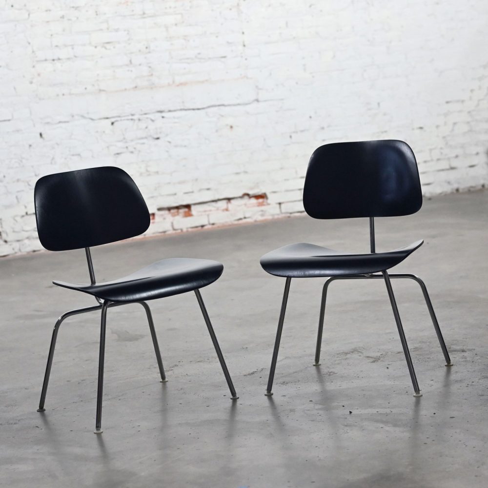 Late 20th Century Mid-Century Modern Pair DCM Chairs by Eames for Herman Miller Black & Chrome