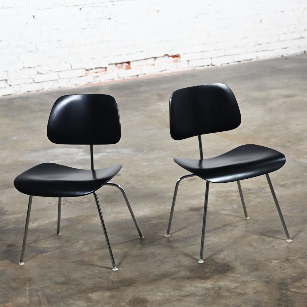 Late 20th Century Mid-Century Modern Pair DCM Chairs by Eames for Herman Miller Black & Chrome