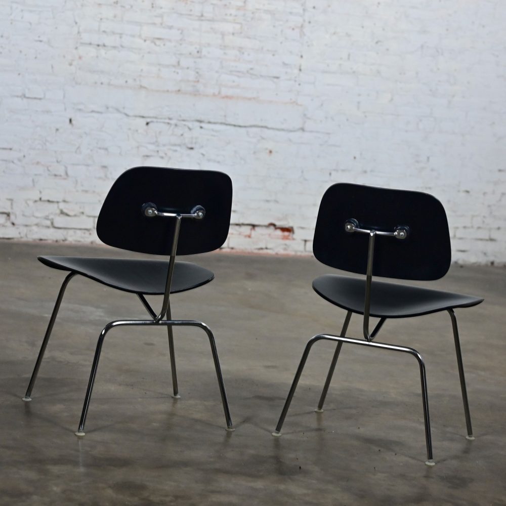 Late 20th Century Mid-Century Modern Pair DCM Chairs by Eames for Herman Miller Black & Chrome