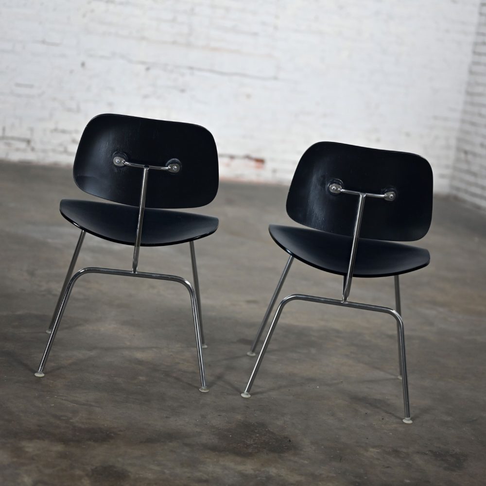 Late 20th Century Mid-Century Modern Pair DCM Chairs by Eames for Herman Miller Black & Chrome