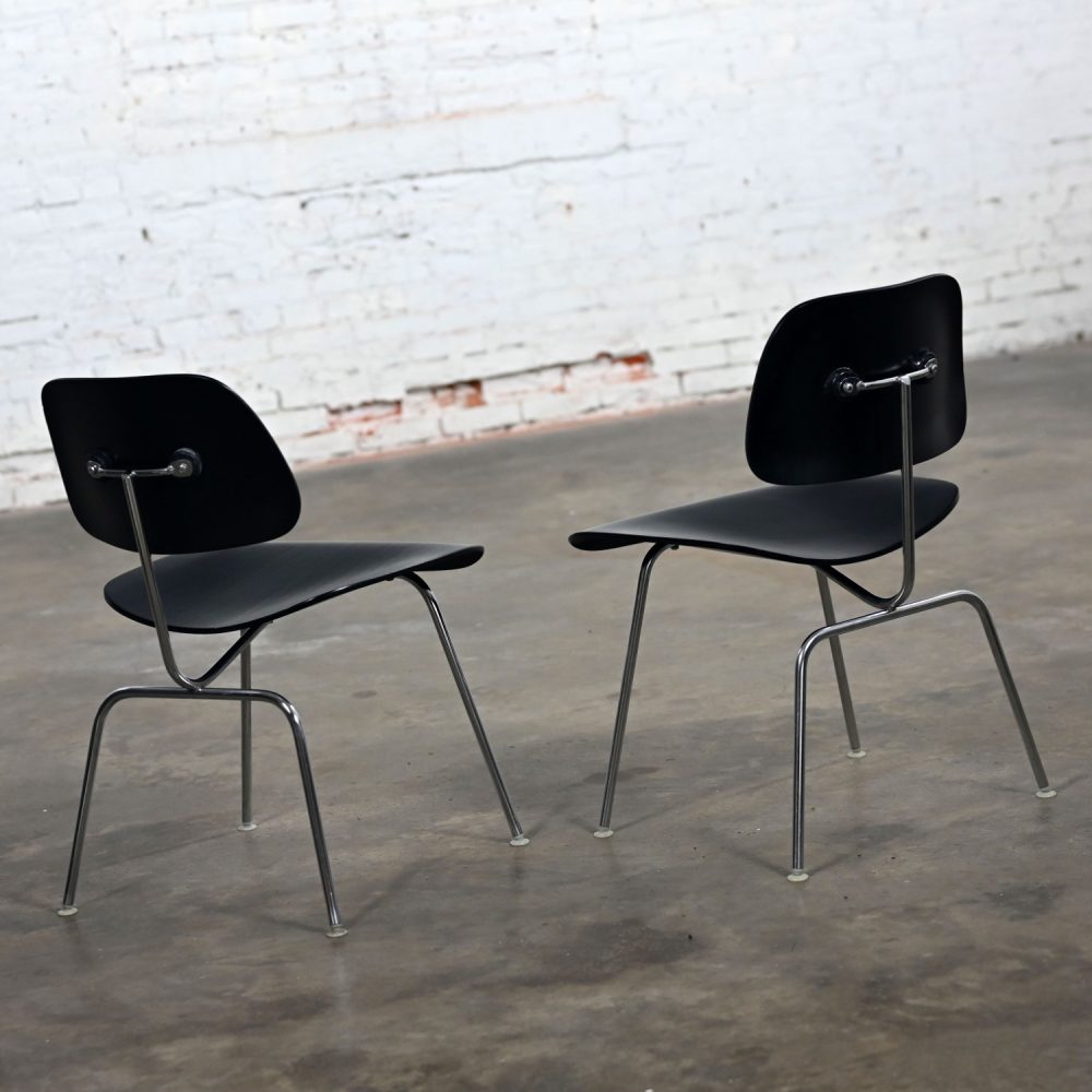 Late 20th Century Mid-Century Modern Pair DCM Chairs by Eames for Herman Miller Black & Chrome