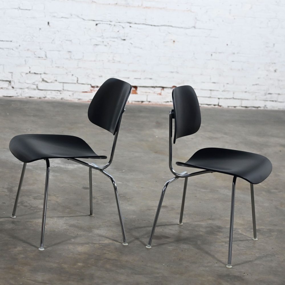 Late 20th Century Mid-Century Modern Pair DCM Chairs by Eames for Herman Miller Black & Chrome