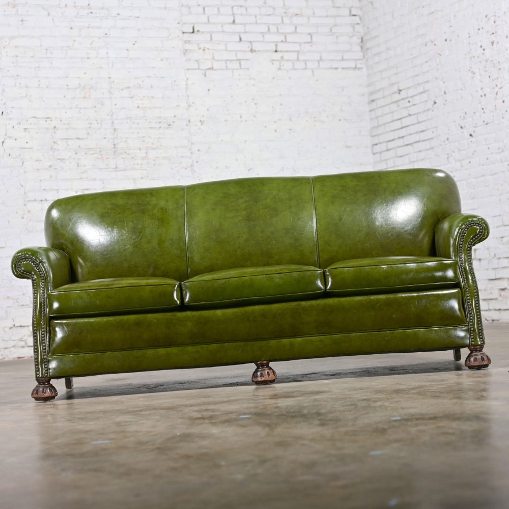 1940-1950’s Traditional Green Naugahyde Faux Leather Lawson Club Style Sofa w/Rolled Arms