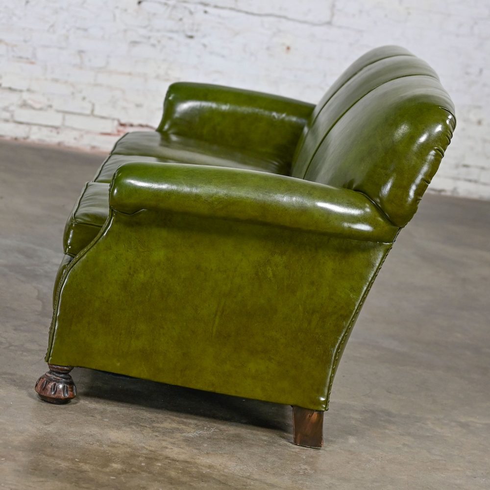 1940-1950’s Traditional Green Naugahyde Faux Leather Lawson Club Style Sofa w/Rolled Arms