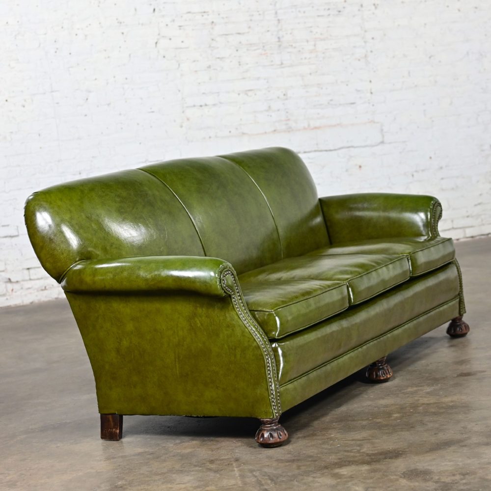 1940-1950’s Traditional Green Naugahyde Faux Leather Lawson Club Style Sofa w/Rolled Arms