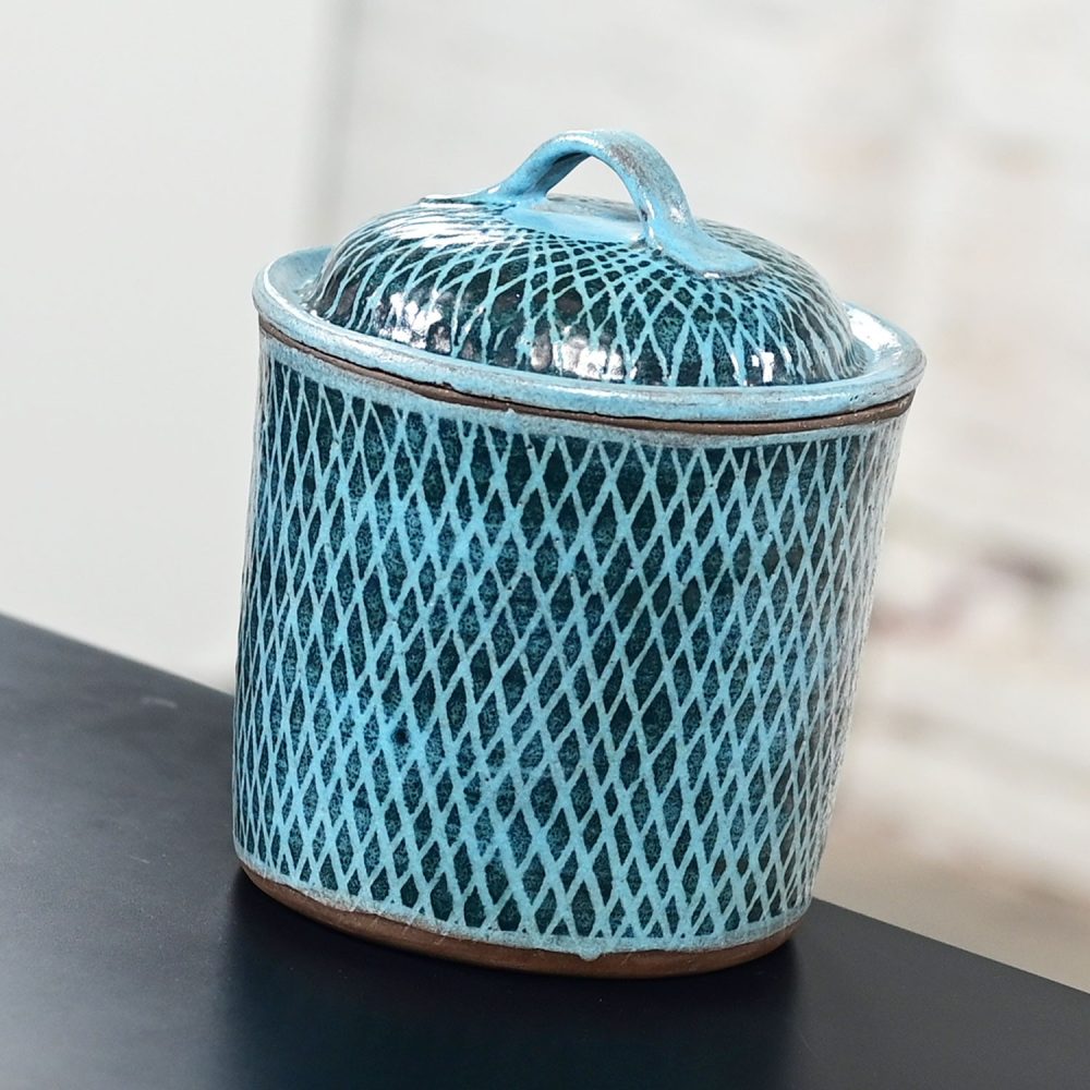 Mid-20th Century Mid Century Modern Northern California Pottery Blue Lidded Biscuit Jar by Niels Frederiksen