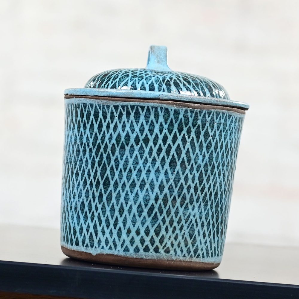 Mid-20th Century Mid Century Modern Northern California Pottery Blue Lidded Biscuit Jar by Niels Frederiksen