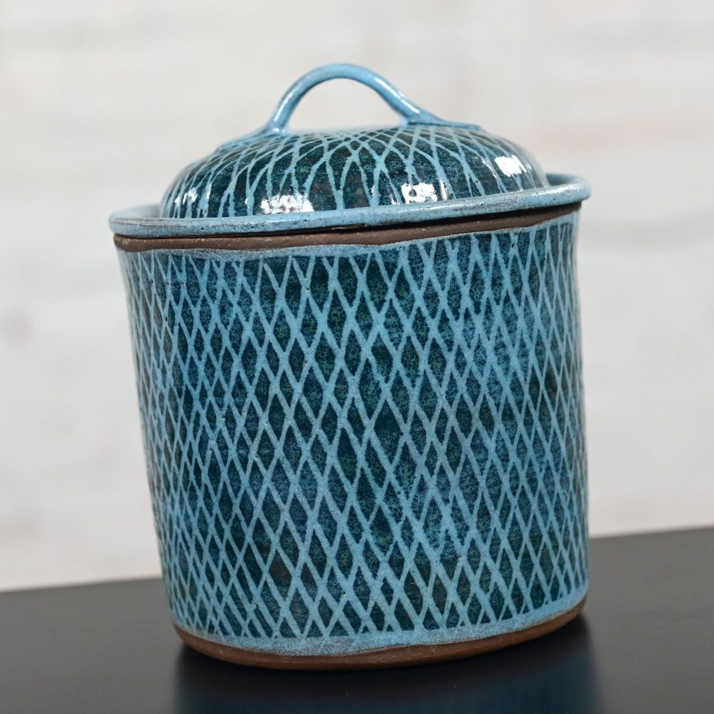 Mid-20th Century Mid Century Modern Northern California Pottery Blue Lidded Biscuit Jar by Niels Frederiksen