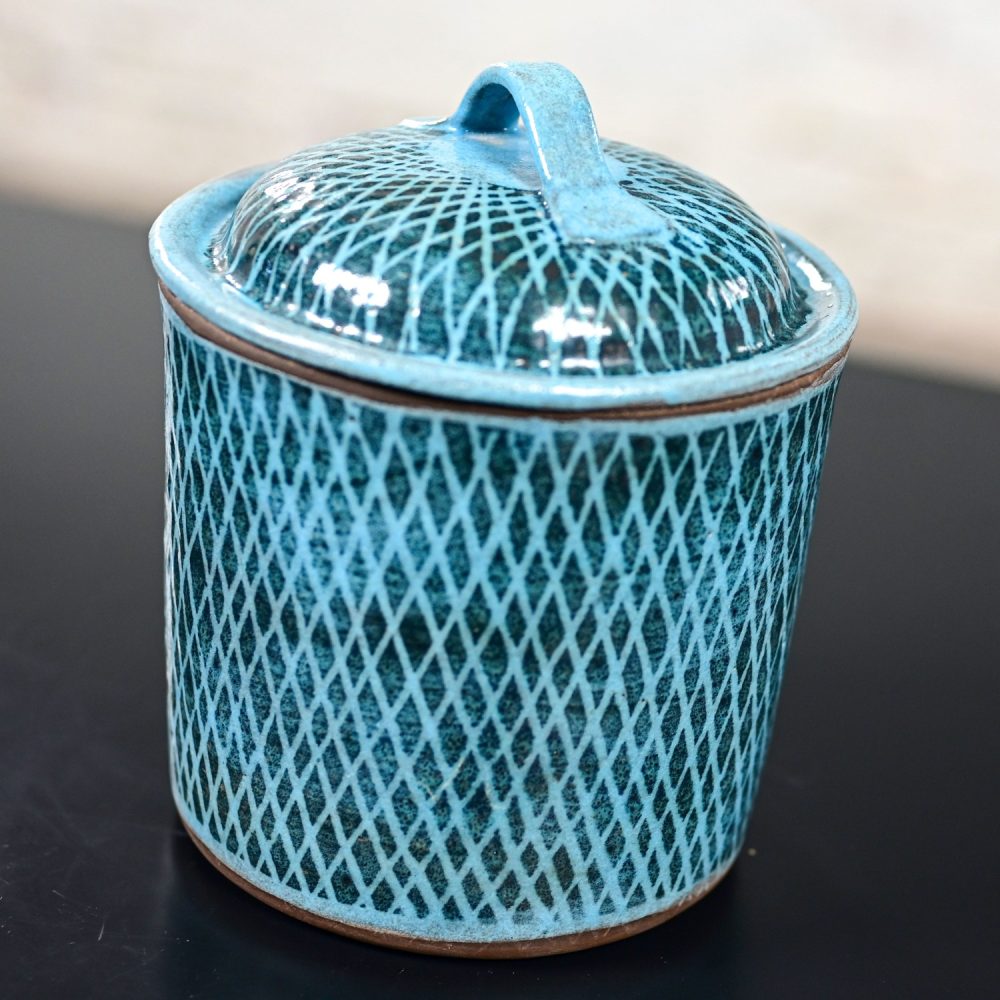 Mid-20th Century Mid Century Modern Northern California Pottery Blue Lidded Biscuit Jar by Niels Frederiksen