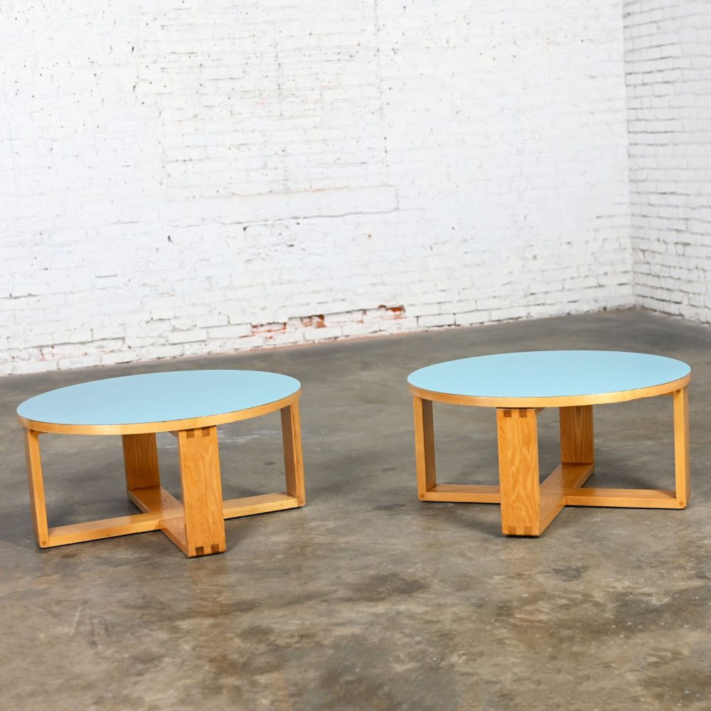 Late 20th Century Modern Coffee Table with Light Oak Frame & Blue Laminate Top