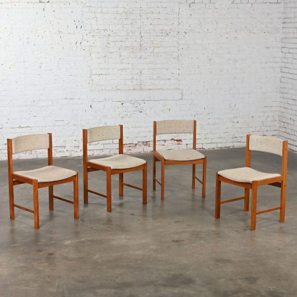 1970’s Scandinavian Modern D Scan Dining Chairs with Teak Frames & Oatmeal Fabric Set of 4