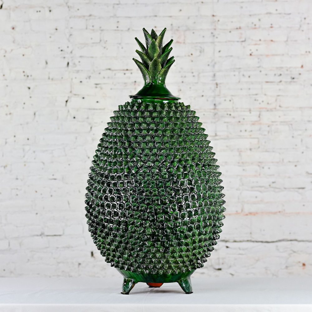 Michoacan Green Glazed Clay Large Pottery Pineapple Sculpture Made in Mexico style of Hilario Alejos Madrigal