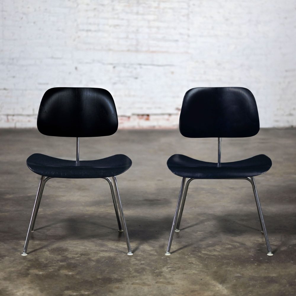 Late 20th Century Mid-Century Modern Pair DCM Chairs by Eames for Herman Miller Black & Chrome