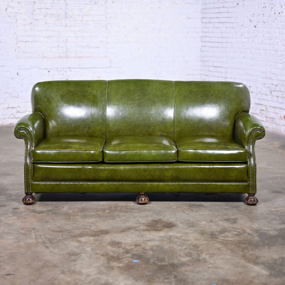 1940-1950’s Traditional Green Naugahyde Faux Leather Lawson Club Style Sofa w/Rolled Arms