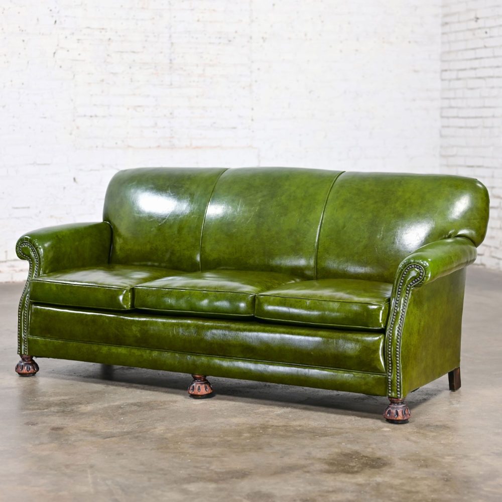 1940-1950’s Traditional Green Naugahyde Faux Leather Lawson Club Style Sofa w/Rolled Arms