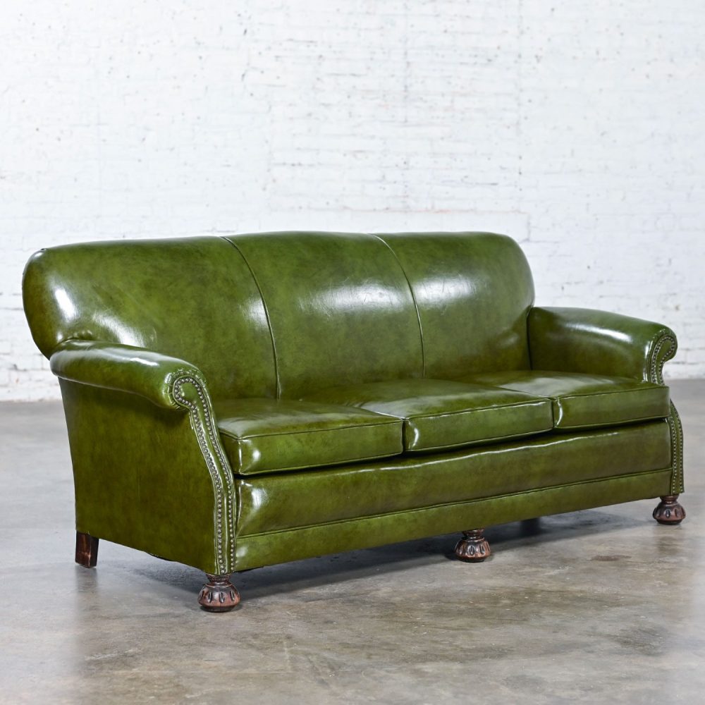 1940-1950’s Traditional Green Naugahyde Faux Leather Lawson Club Style Sofa w/Rolled Arms