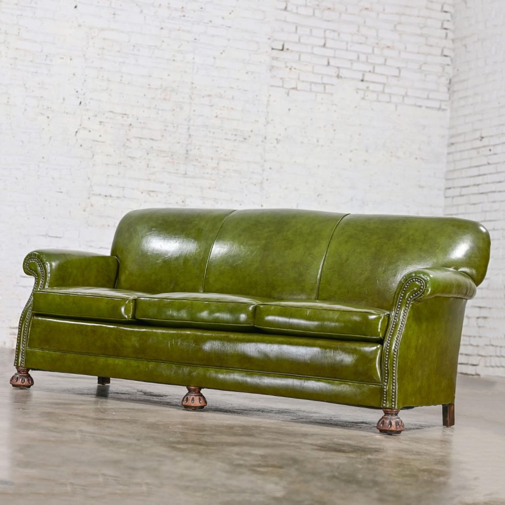 1940-1950’s Traditional Green Naugahyde Faux Leather Lawson Club Style Sofa w/Rolled Arms