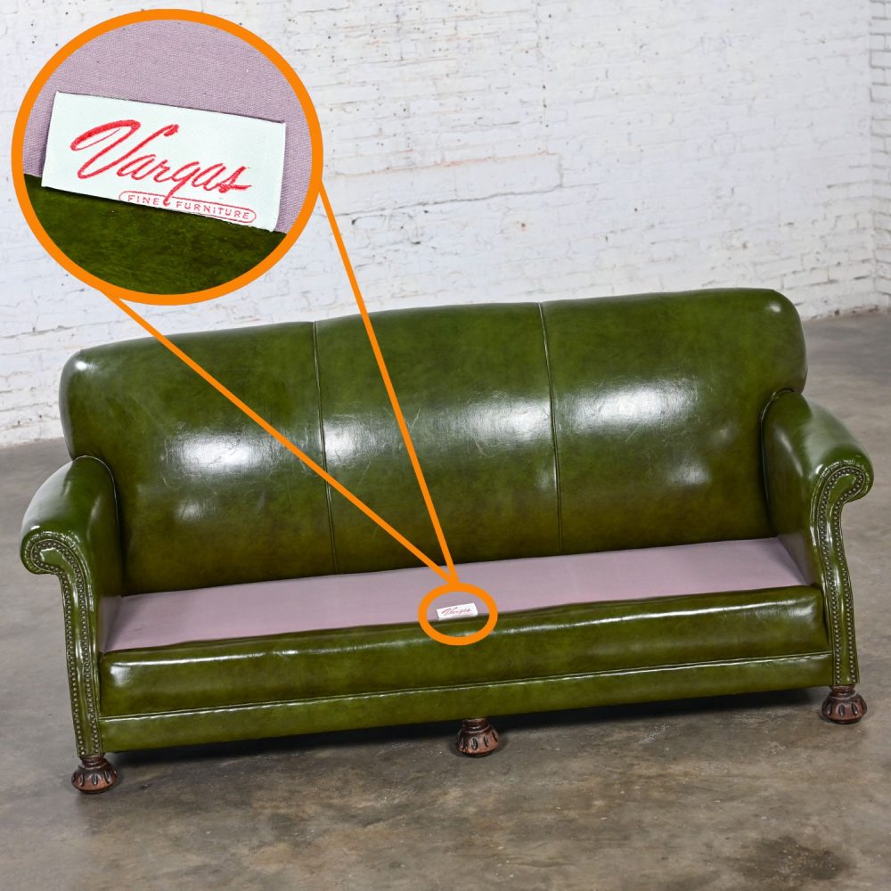 1940-1950’s Traditional Green Naugahyde Faux Leather Lawson Club Style Sofa w/Rolled Arms