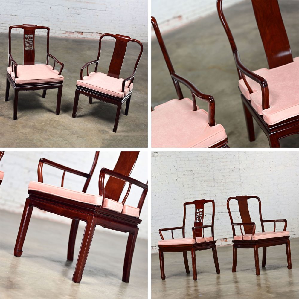 Late 20th Century Ming Style Rosewood Armchairs with Pink Velvet Seat Cushions Made in China a Pair