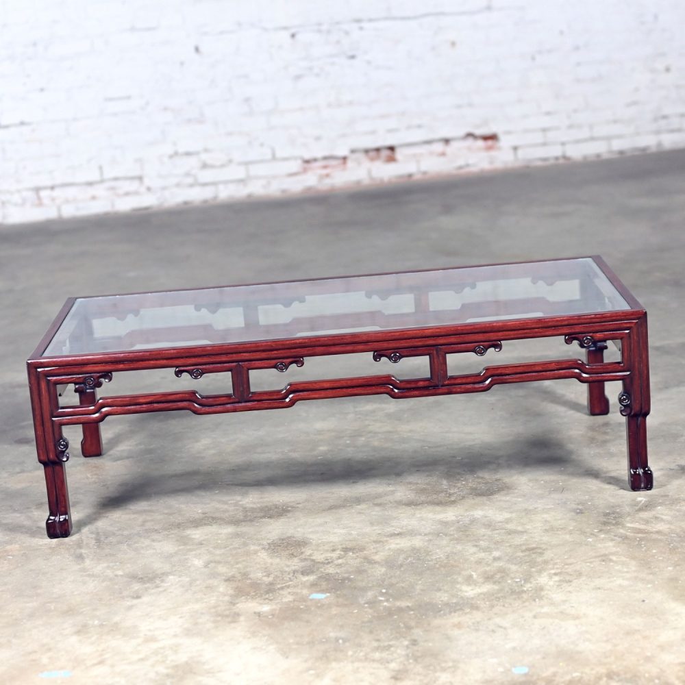 Late 20th Century Ming Style Rosewood Coffee Table with Rectangular Glass Inset Top Made in China