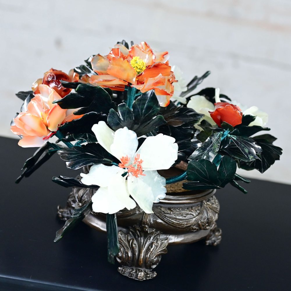 20th Century Chinese Hand Carved Carnelian Hardstone Floral Centerpiece & Cast Bronze Base