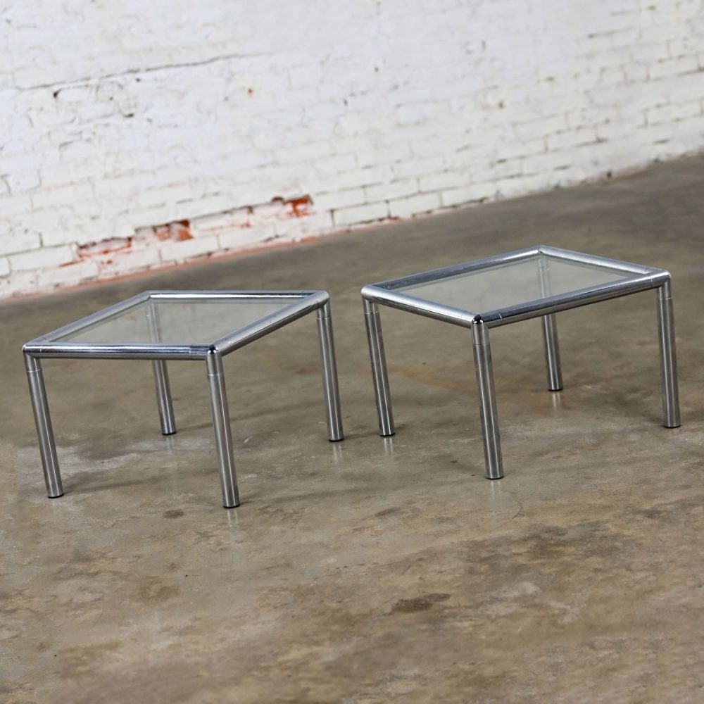 1970’s MCM to Modern Lane Furniture Side or End Tables Square Chrome Frames & Glass Tops a Pair