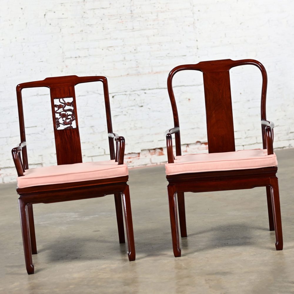 Late 20th Century Ming Style Rosewood Armchairs with Pink Velvet Seat Cushions Made in China a Pair