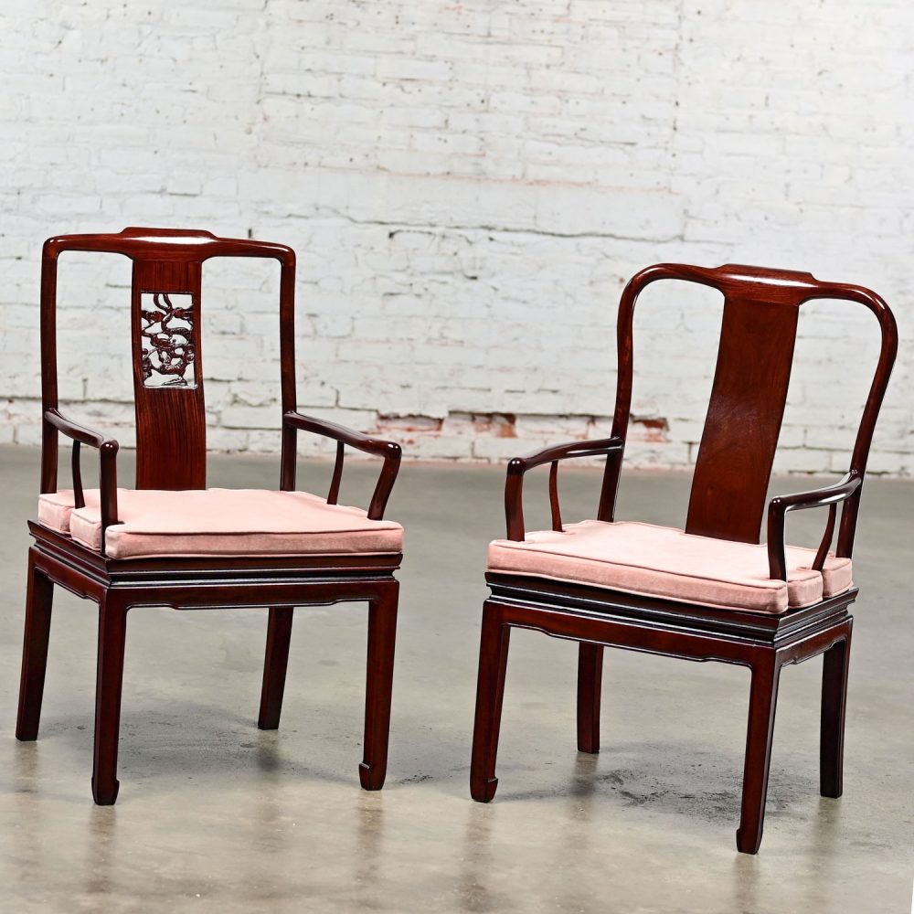 Late 20th Century Ming Style Rosewood Armchairs with Pink Velvet Seat Cushions Made in China a Pair