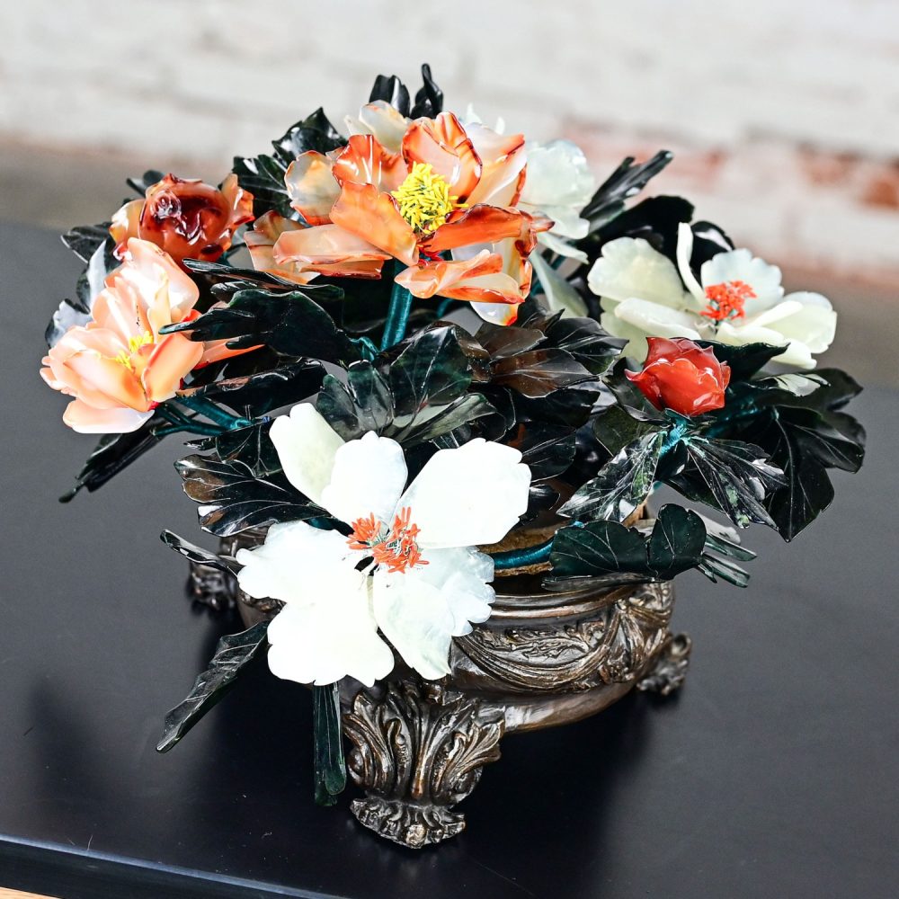 20th Century Chinese Hand Carved Carnelian Hardstone Floral Centerpiece & Cast Bronze Base