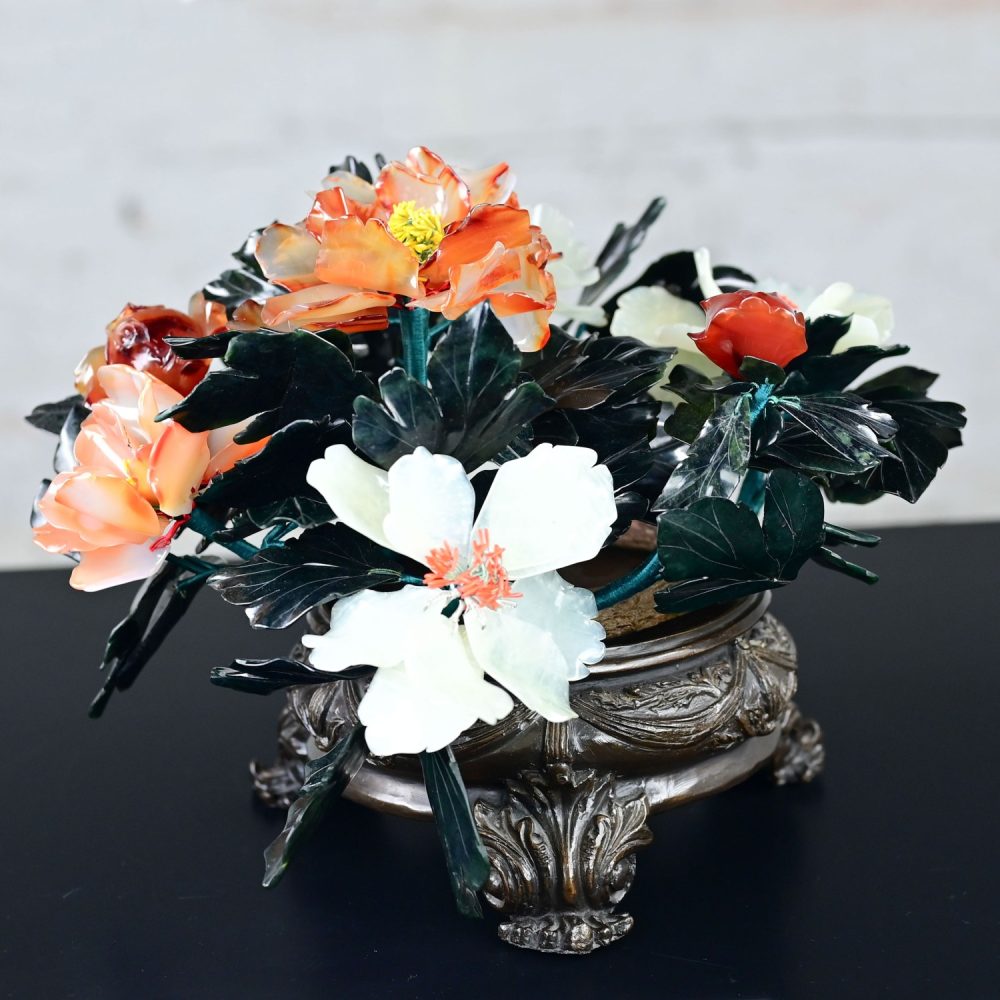 20th Century Chinese Hand Carved Carnelian Hardstone Floral Centerpiece & Cast Bronze Base