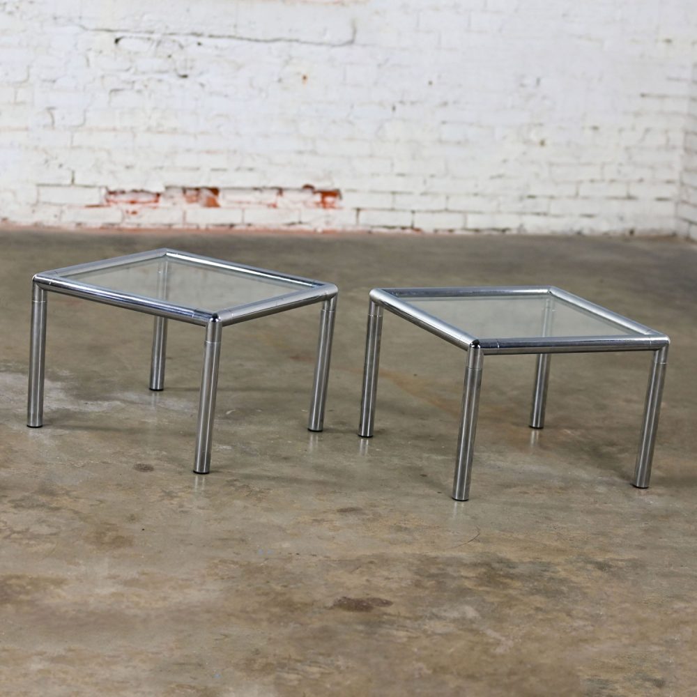 1970’s MCM to Modern Lane Furniture Side or End Tables Square Chrome Frames & Glass Tops a Pair